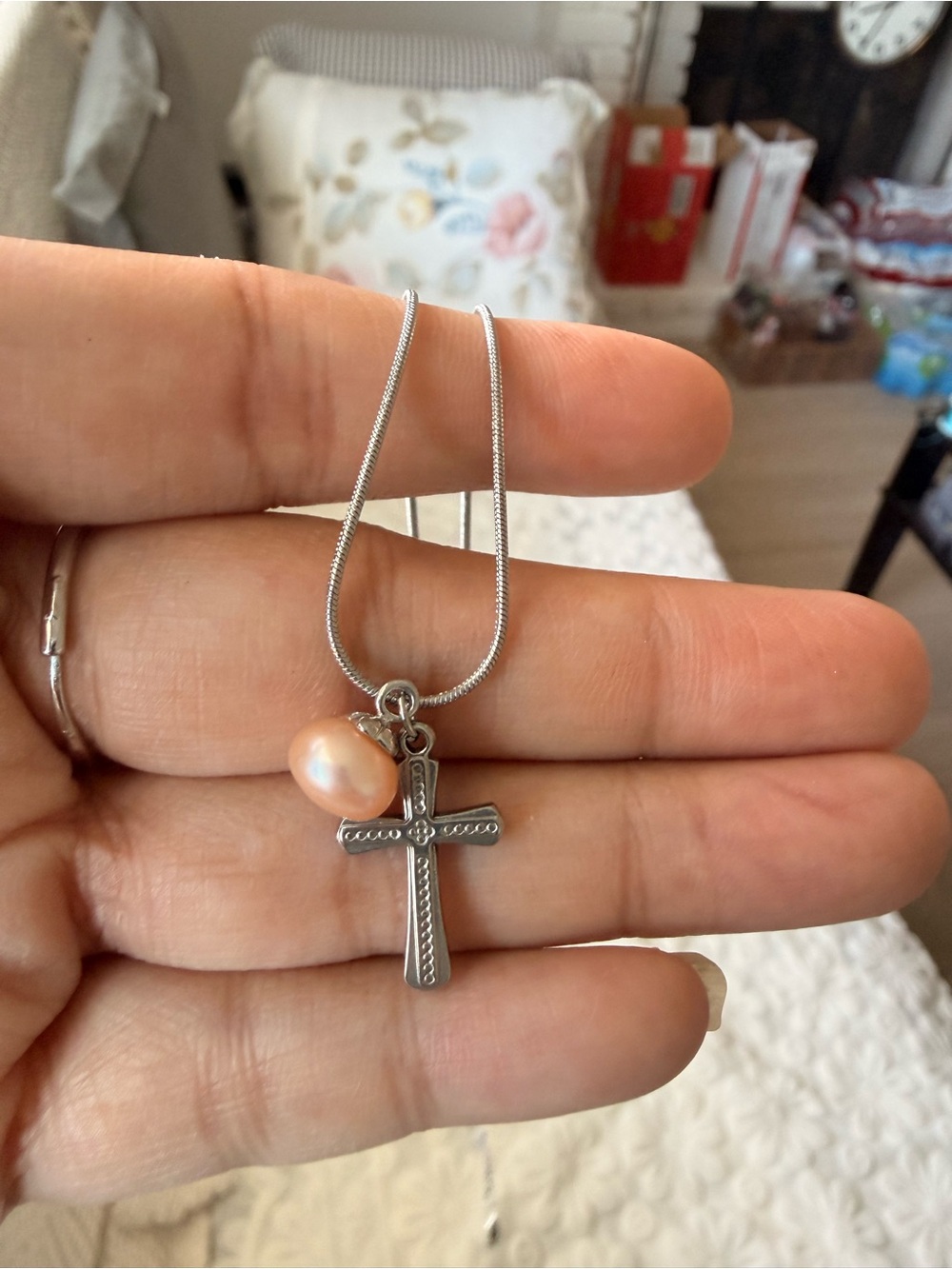 Cross & Pearl Double Pendant Necklace Stainless Steel Chain